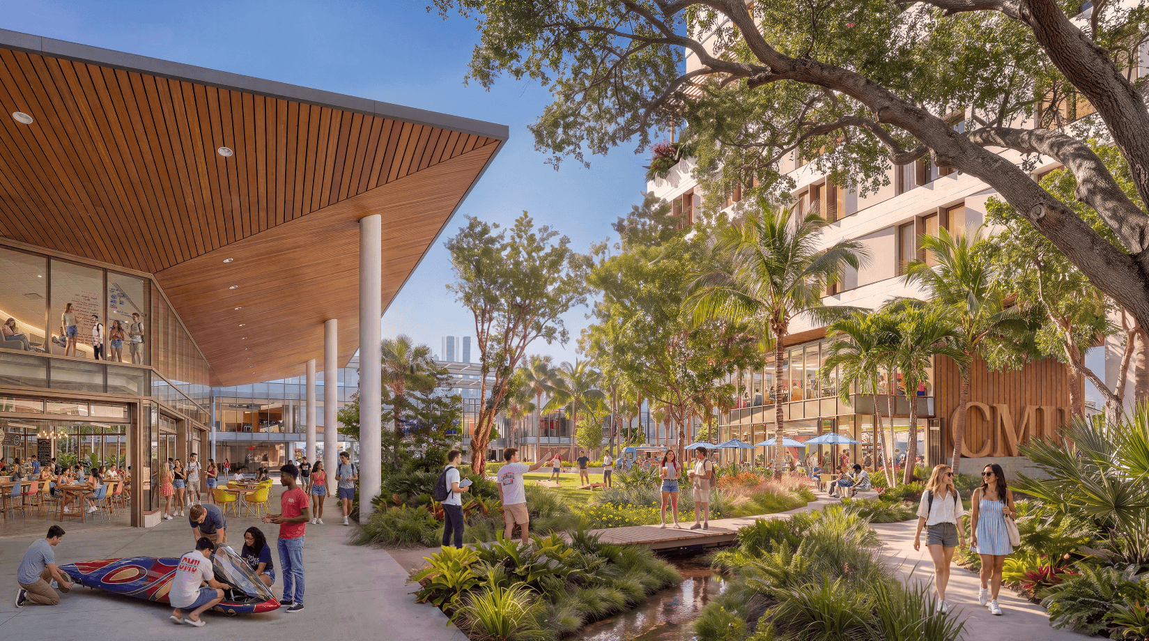 A modern campus courtyard rendering with glass buildings, leafy trees, and a wooden pavilion; students gather on benches and walkways, creating a calm, welcoming atmosphere.