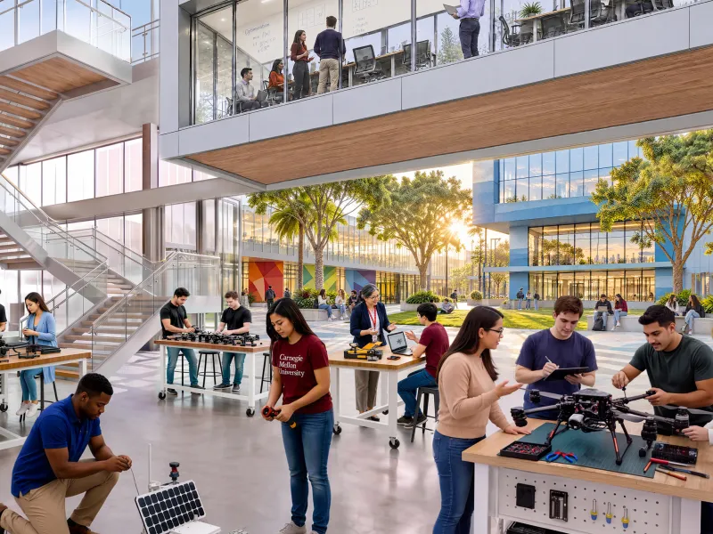 Students build a solar-powered rover and drone in a bright, glass-walled university engineering lab, conveying teamwork and innovation.