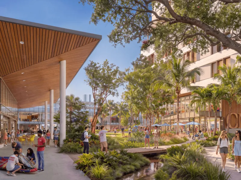 A modern campus courtyard rendering with glass buildings, leafy trees, and a wooden pavilion; students gather on benches and walkways, creating a calm, welcoming atmosphere.